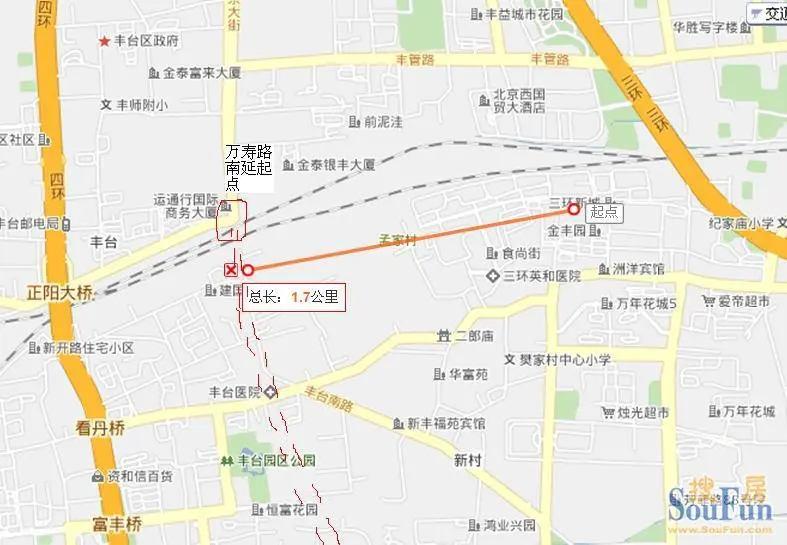 万寿路南延可能的起点及到三环的距离