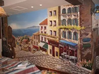 墙绘! 油画----阳光普照的临海街景.